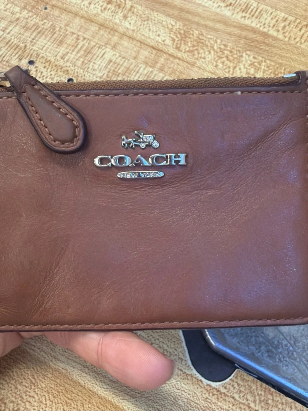 Coach Brown Leather Zip Card Case with Silver Logo